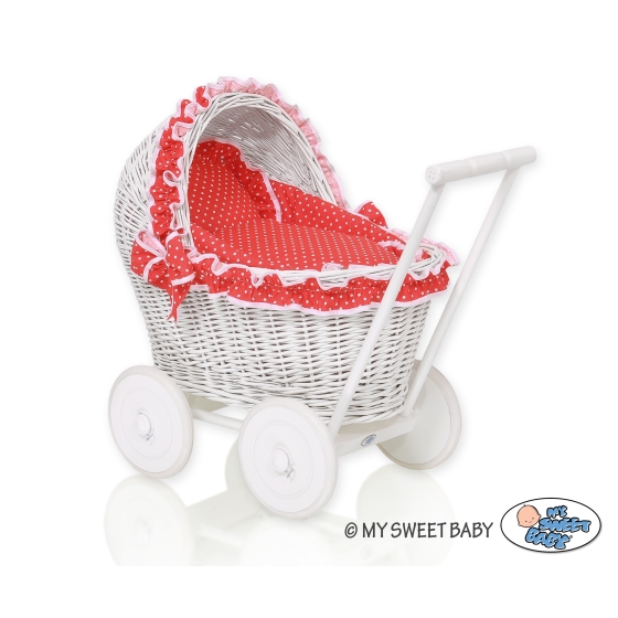 White Wicker Doll Bassinet Stroller Retro Style Basket Handmade  Red with White Dots