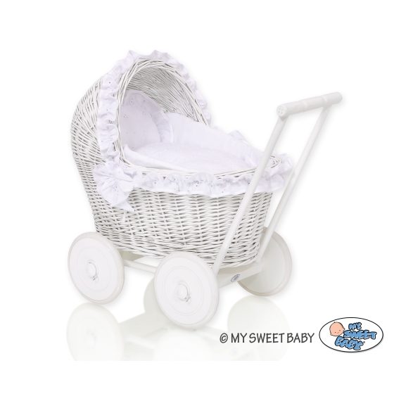 White Wicker Doll Bassinet Stroller Retro Style Basket Handmade  White Bedding Set