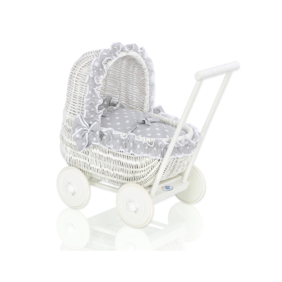 White Wicker Doll Pram Basket Bedding Set White Dots on Gray