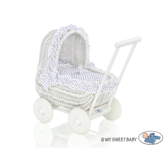 White Wicker Doll Pram Basket Bedding Set White with Navy Blue Dots