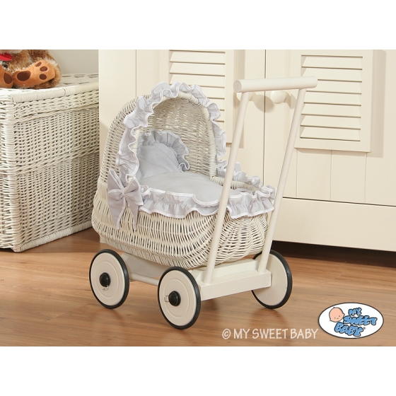 White Wicker Doll Pram Basket Gray Bedding with White Trimming