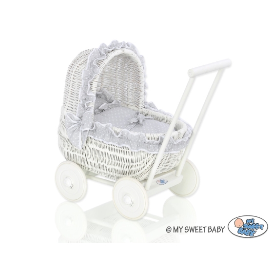 White Wicker Doll Pram Basket Gray with White Dots Bedding Set