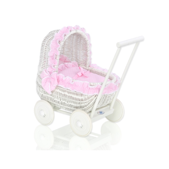 White Wicker Doll Pram Basket Pink Bedding with White Dots