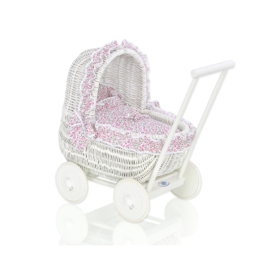 White Wicker Doll Pram Basket Pink with White Dots Bedding Set