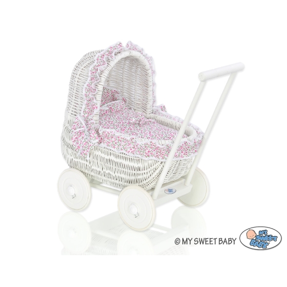 White Wicker Doll Pram Basket Pink with White Dots Bedding Set