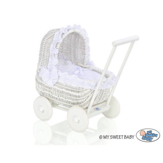 White Wicker Doll Pram Basket White Bedding Set