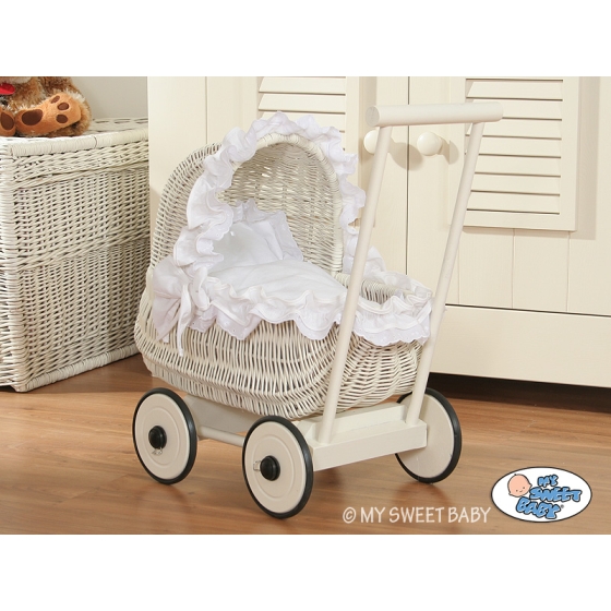 White Wicker Doll Pram Basket White Bedding with White Lace and Trimming