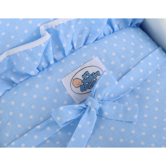 White with Blue Wooden Carriage for Dolls Bedding Set White Dots on Blue