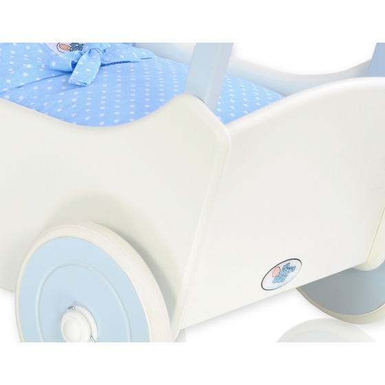 White with Blue Wooden Carriage for Dolls Bedding Set White Dots on Blue