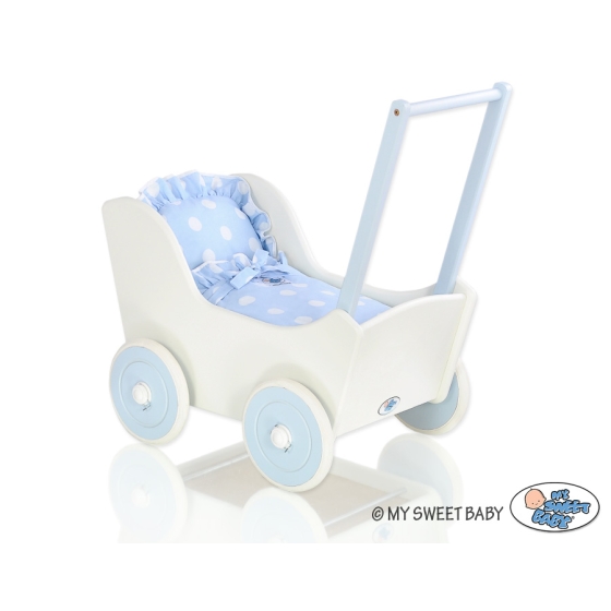White with Blue Wooden Carriage for Dolls Blue with Big White Dots
