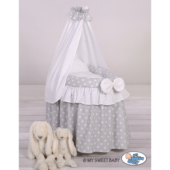 Wicker crib for doll with drape no. 2159Bedding Set White Dots on Gray