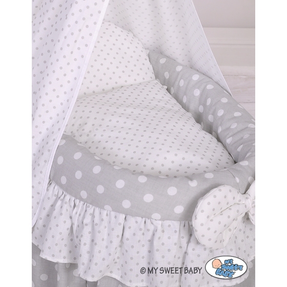 Wicker crib for doll with drape no. 2159Bedding Set White Dots on Gray