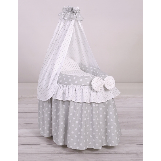 Wicker crib for doll with drape no. 2159Bedding Set White Dots on Gray