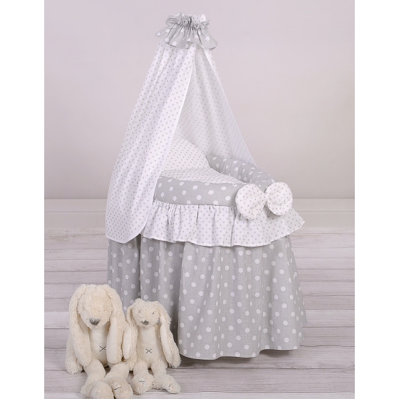 Wicker crib for doll with drape no. 2159Bedding Set White Dots on Gray