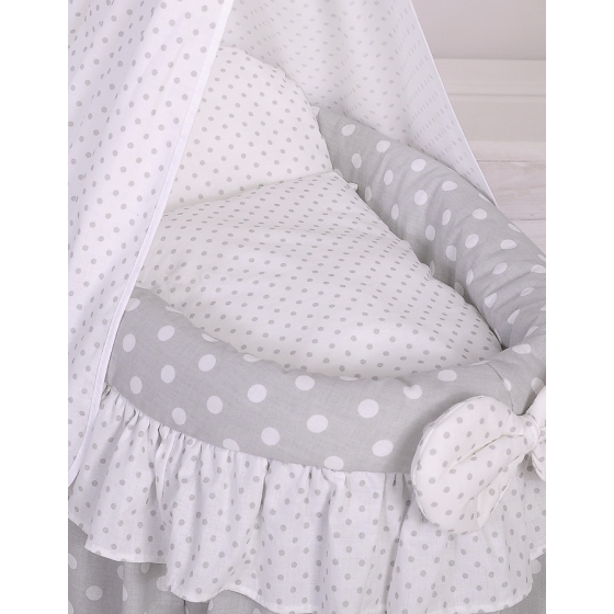 Wicker crib for doll with drape no. 2159Bedding Set White Dots on Gray