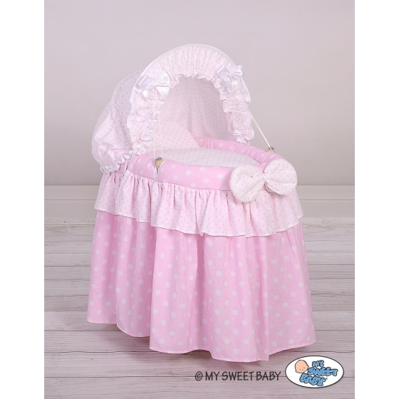 Wicker crib for doll with hood no. 2158 Bedding Set White Dots on Pink