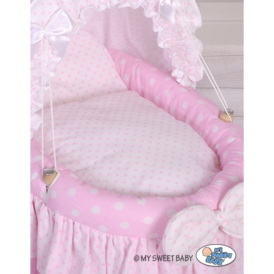 Wicker crib for doll with hood no. 2158 Bedding Set White Dots on Pink
