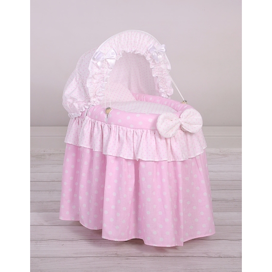 Wicker crib for doll with hood no. 2158 Bedding Set White Dots on Pink