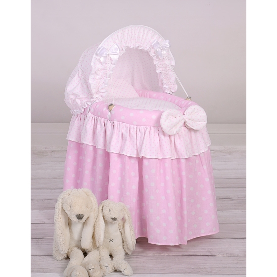 Wicker crib for doll with hood no. 2158 Bedding Set White Dots on Pink