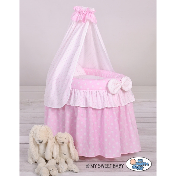 Wicker crib for dolls with drape no. 2159 Bedding Set White Dots on Pink