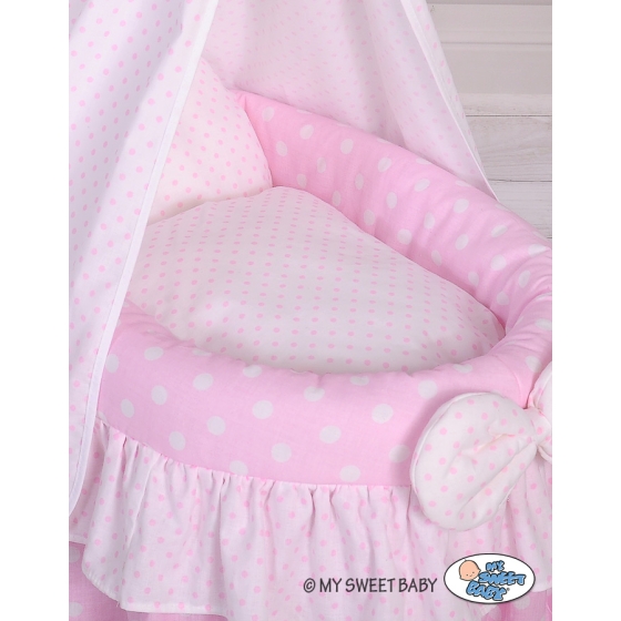 Wicker crib for dolls with drape no. 2159 Bedding Set White Dots on Pink