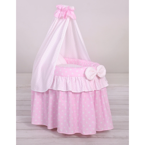 Wicker crib for dolls with drape no. 2159 Bedding Set White Dots on Pink