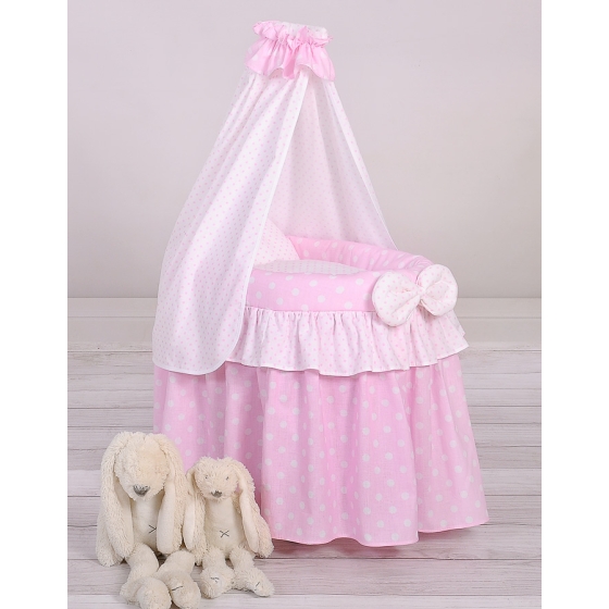 Wicker crib for dolls with drape no. 2159 Bedding Set White Dots on Pink