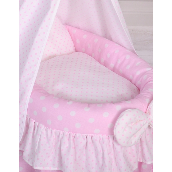Wicker crib for dolls with drape no. 2159 Bedding Set White Dots on Pink