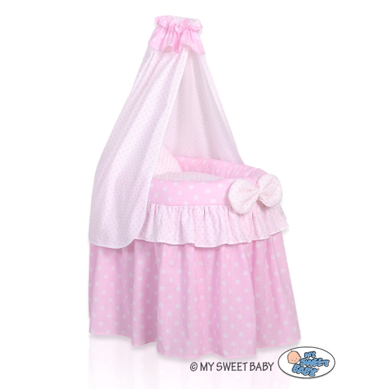 Wicker crib for dolls with drape no. 2159 Bedding Set White Dots on Pink
