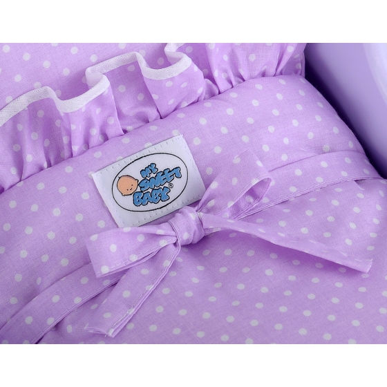Wooden Doll pram Lilac White Purple with White Dots Dolls Bedding