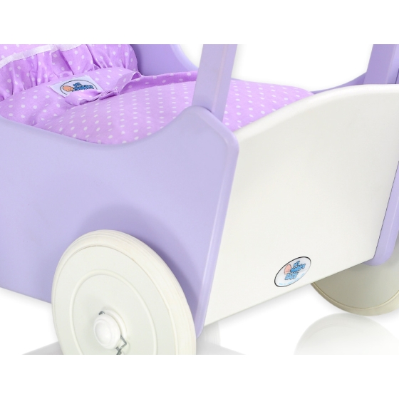 Wooden Doll pram Lilac White Purple with White Dots Dolls Bedding