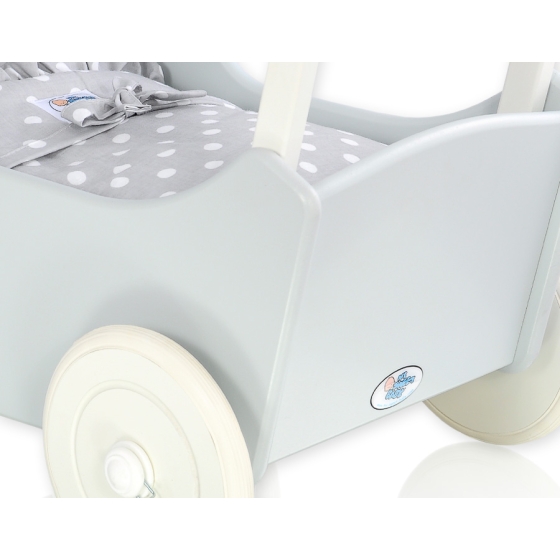 Wooden Doll Pram Stroller GrayBedding Set White Dots on Gray