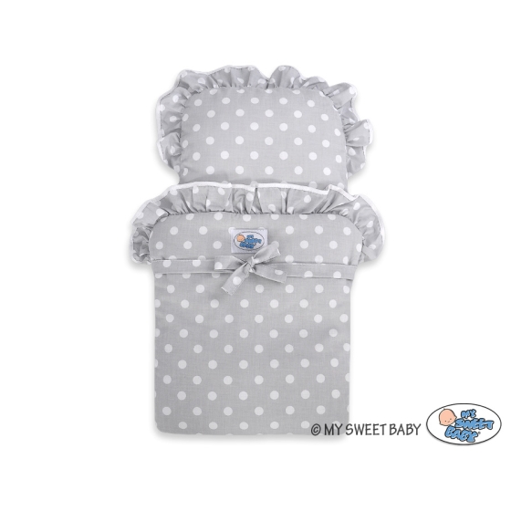 Wooden Doll Pram Stroller GrayBedding Set White Dots on Gray