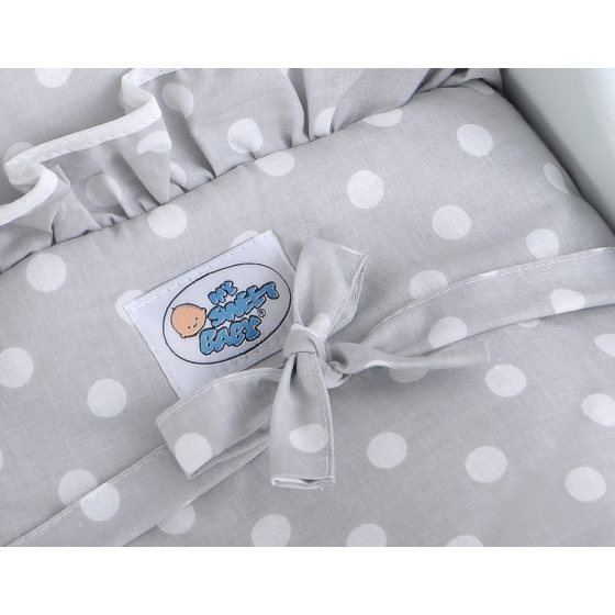 Wooden Doll Pram Stroller GrayBedding Set White Dots on Gray