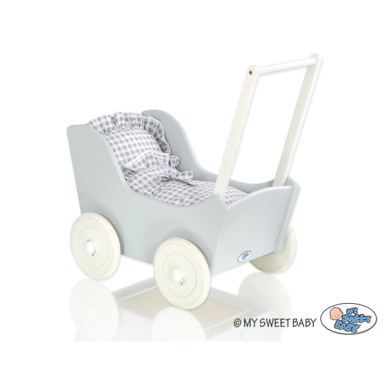Wooden Doll Pram Stroller GrayWhite Gray Checkered