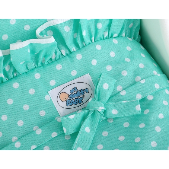 Wooden Doll Pram Stroller Mint Bedding Set White Dots on Mint