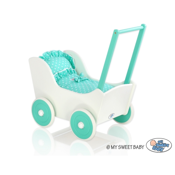 Wooden Doll Pram Stroller Mint Bedding Set White Dots on Mint