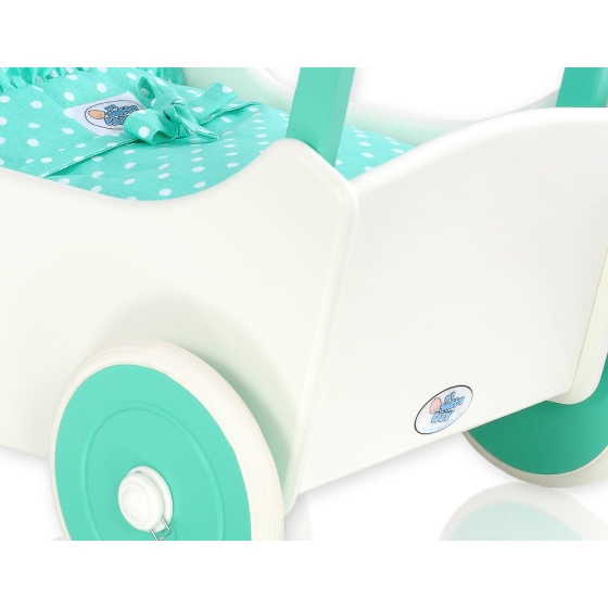 Wooden Doll Pram Stroller Mint Bedding Set White Dots on Mint
