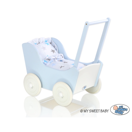 Wooden Doll Pram White-Blue -765