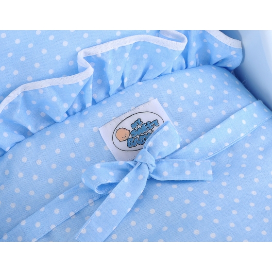 Wooden Doll Pram White-Blue Bedding Set White Dots on Blue