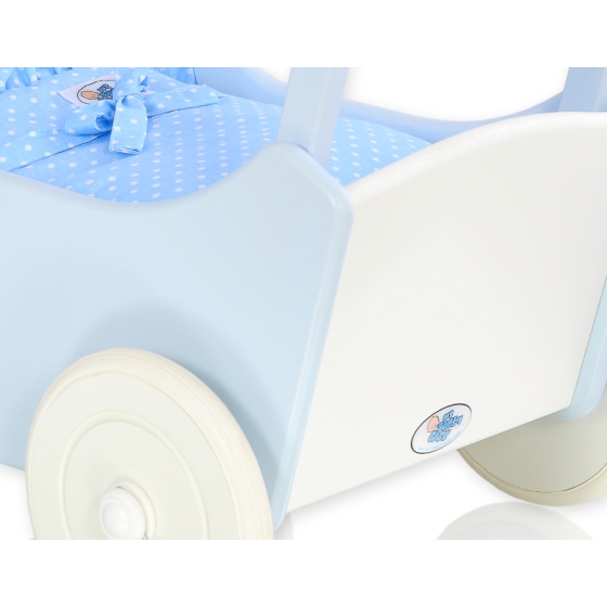 Wooden Doll Pram White-Blue Bedding Set White Dots on Blue
