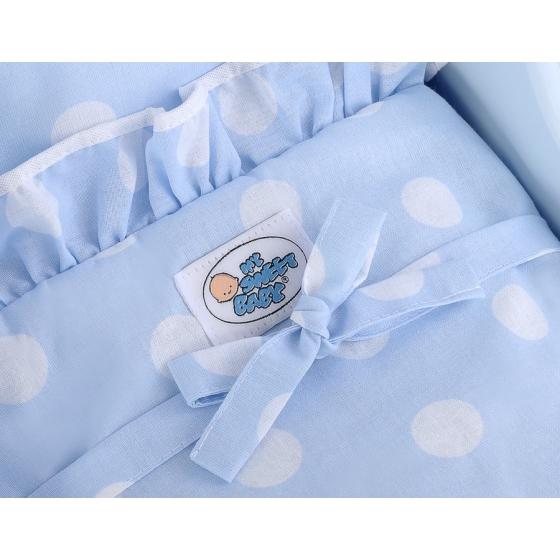 Wooden Doll Pram White-Blue Blue with Big White Dots
