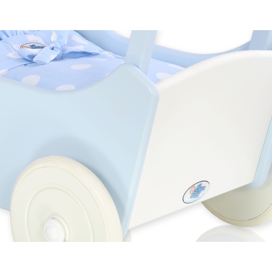 Wooden Doll Pram White-Blue Blue with Big White Dots
