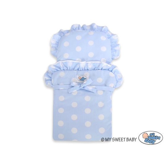 Wooden Doll Pram White-Blue Blue with Big White Dots