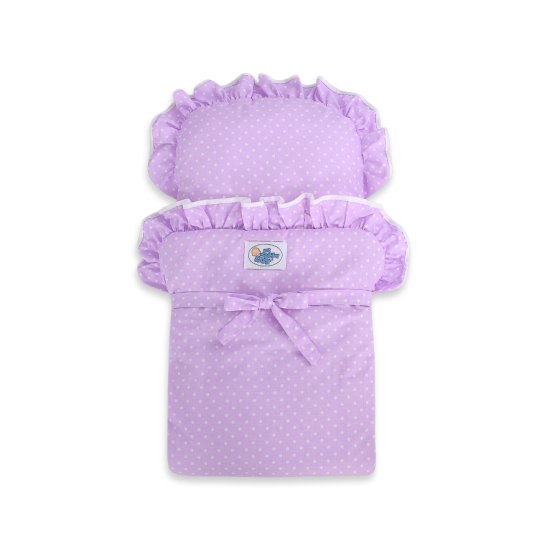Wooden Doll pram White with Lilac Purple with White Dots Dolls Bedding