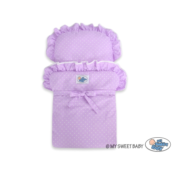 Wooden Doll pram White with Lilac Purple with White Dots Dolls Bedding