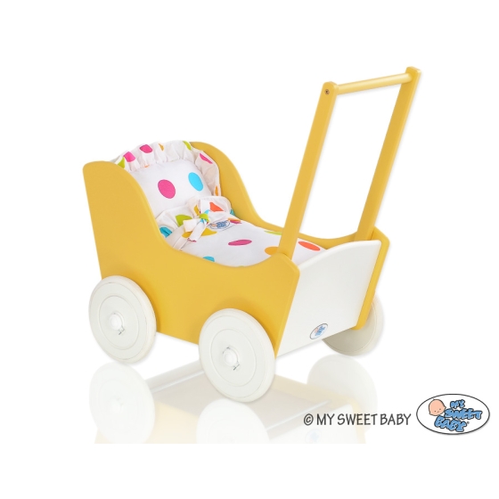 Wooden Doll pram White with Yellow -548
