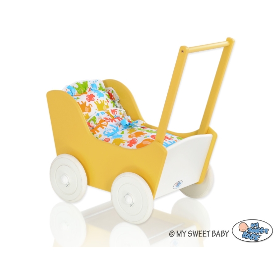 Wooden Doll pram White with Yellow -735