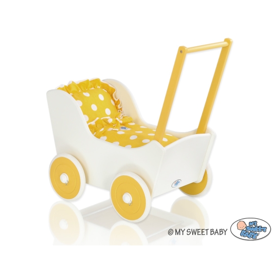 Wooden Doll pram White with Yellow -737
