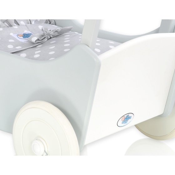 Wooden Doll Stroller Gray-White Bedding Set White Dots on Gray